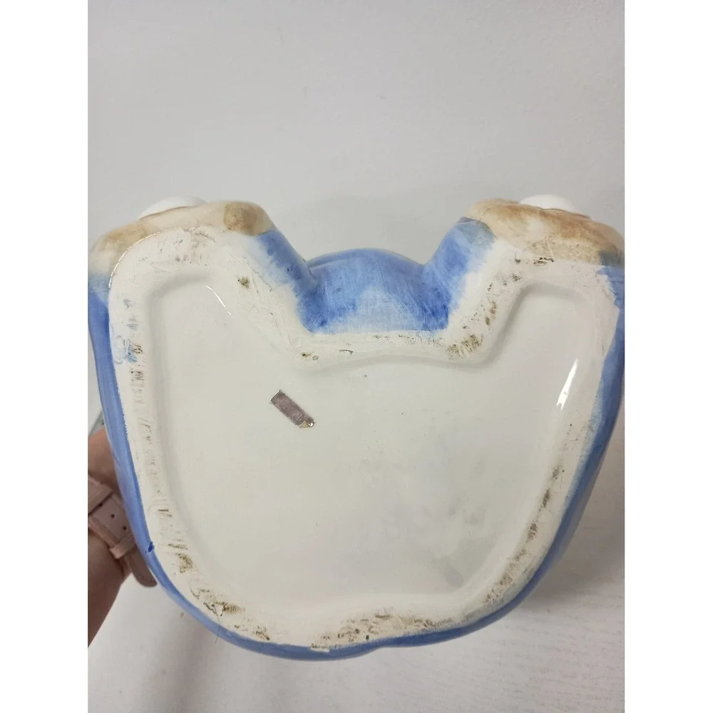 Vintage Teddy Bear Cookie Jar Blue Tan Ceramic Country Kitchen Decor